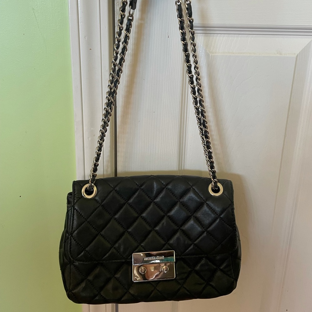 Michael Kors Black Leather Quilted Purse, silver hardware